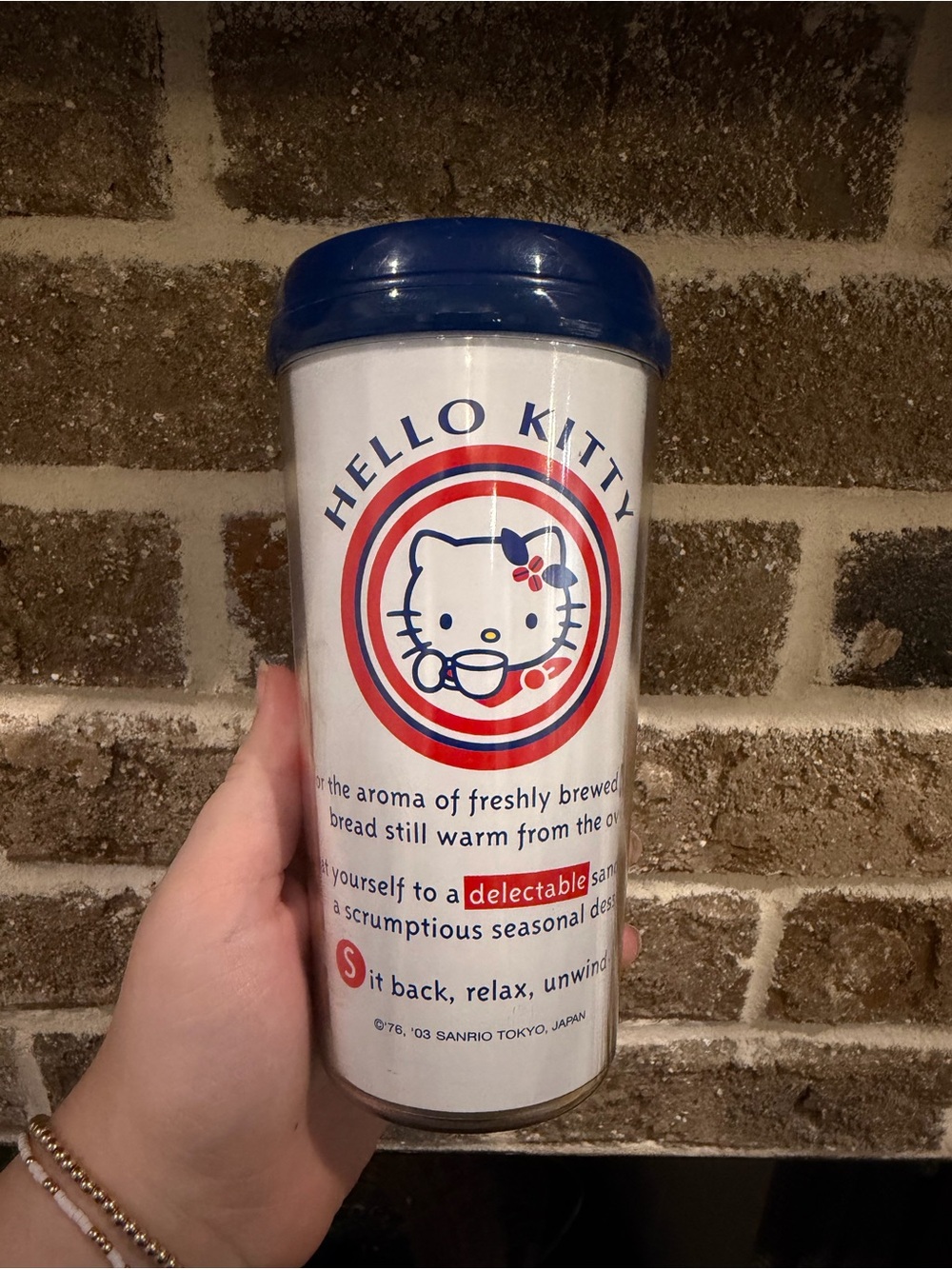 Hello Kitty White Travel Tumbler with Blue Lid and Red Accents